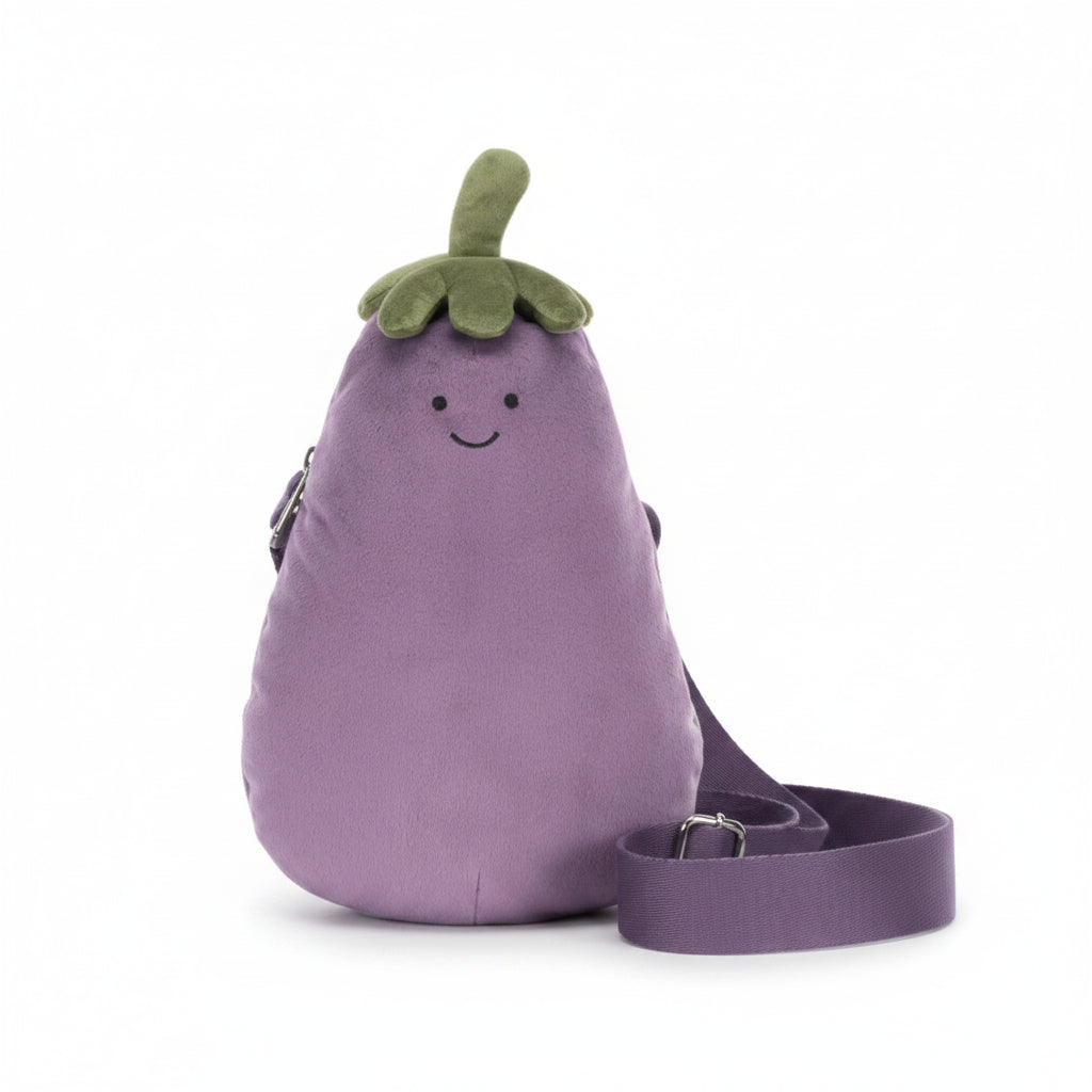 Jellycat Aubergine bum bag with green stalk and strap on white background