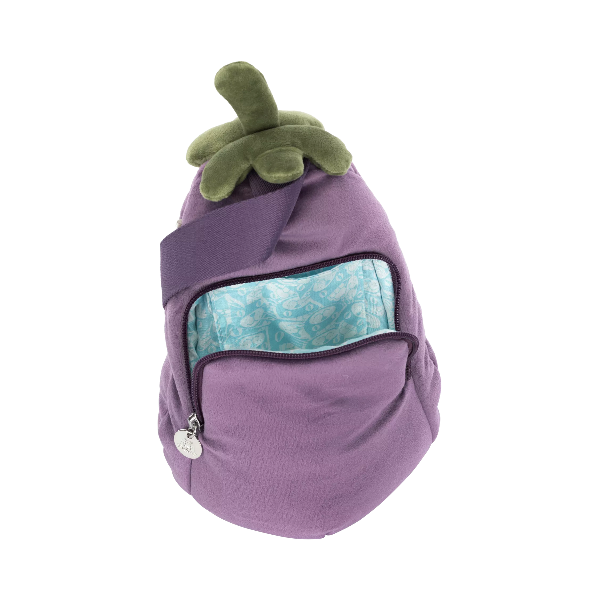 Jellycat Aubergine bum bag side with zip open showing teal lining