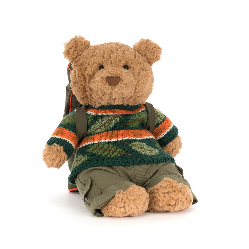 Jellycat Bartholomew Bear Hiking Outfit plush front view on white background