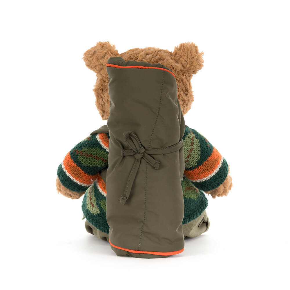 Bartholomew Bear Hiking Outfit with sleeping bag rolled out