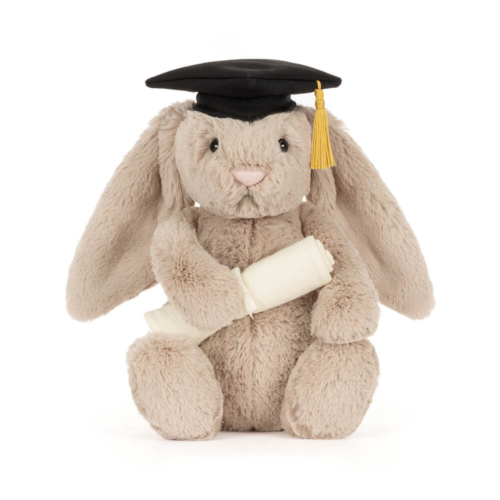 Graduation Bunny front view holding diploma with golden tassel