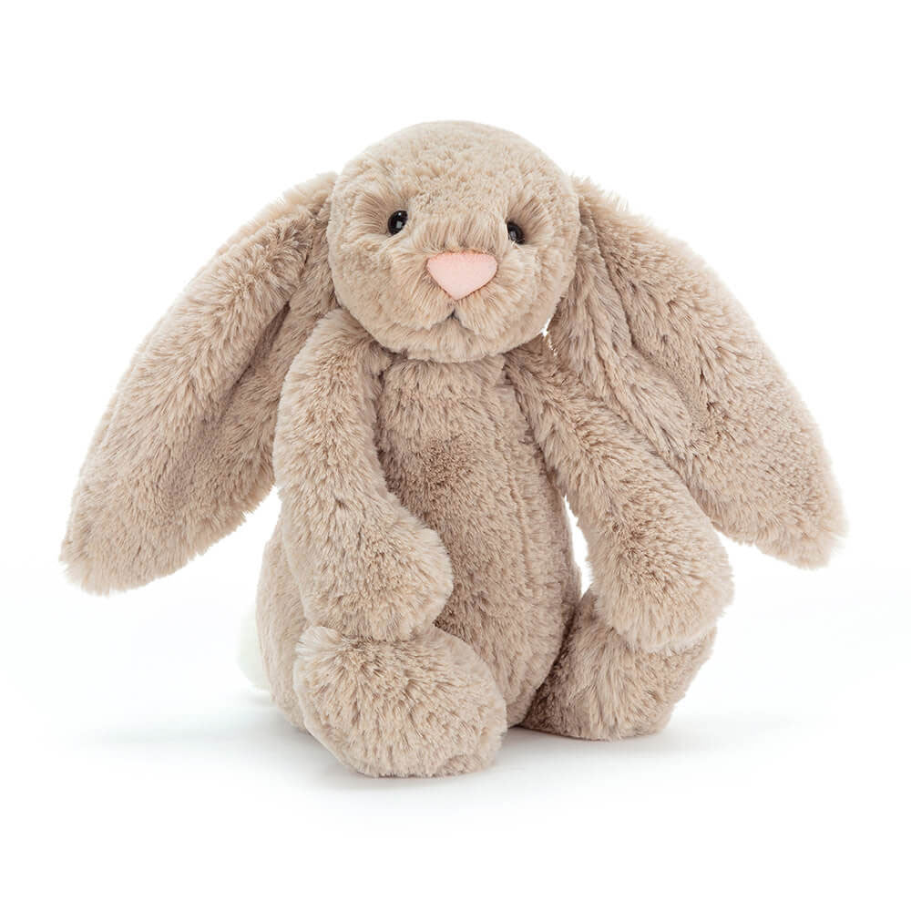 Jellycat Bashful Bunny Original sitting upright, soft beige fur with long floppy ears and a pink stitched nose