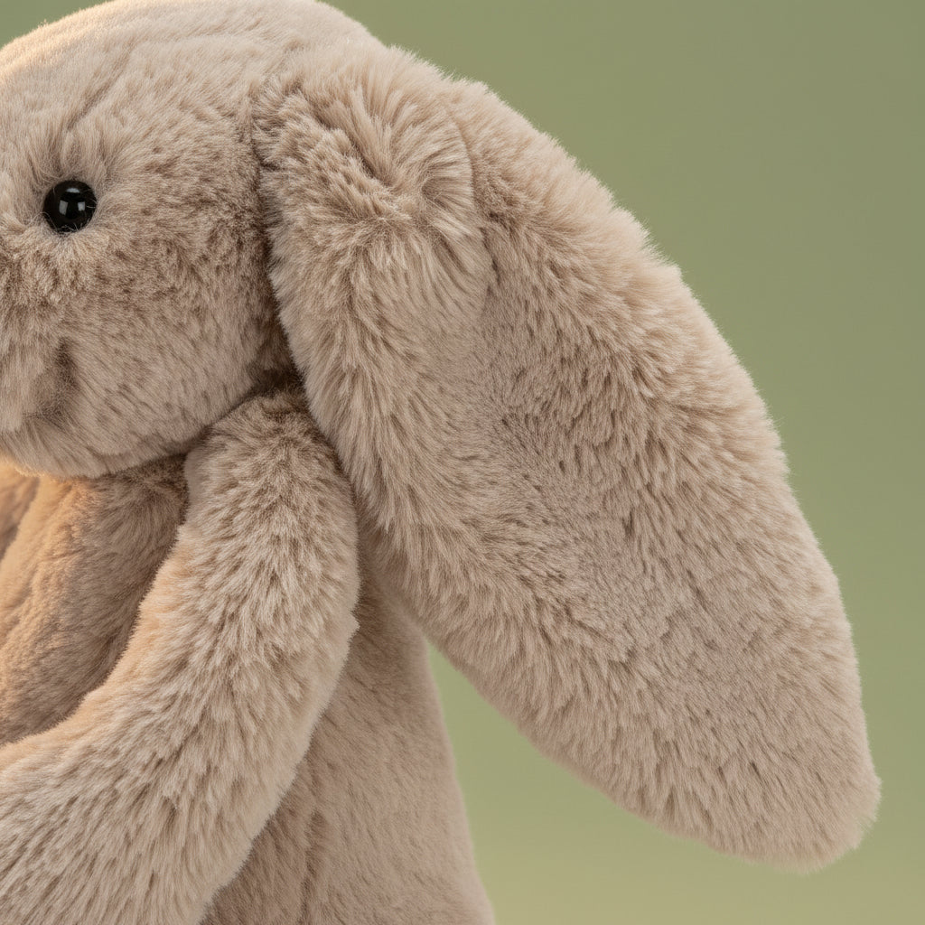 Plush bunny toy in beige color on a white background