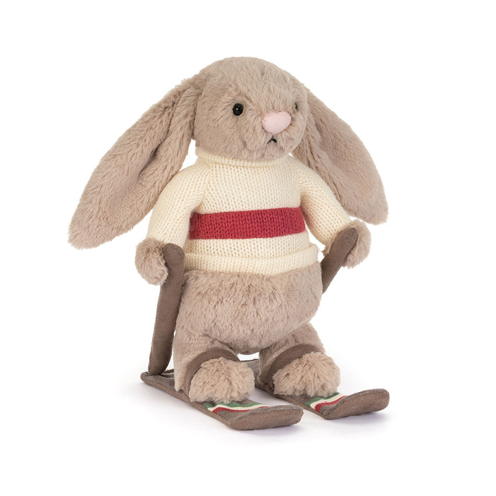 Jellycat Bashful Bunny soft toy skiing on white background