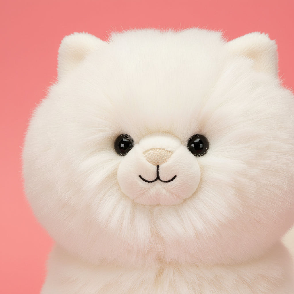 Jellycat Carissa Persian Cat plush close-up of fluffy cream face on pink