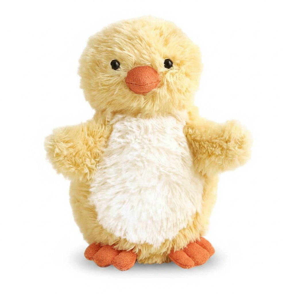 Jellycat Chirping Chick soft toy in fluffy yellow plush, standing upright with embroidered features.