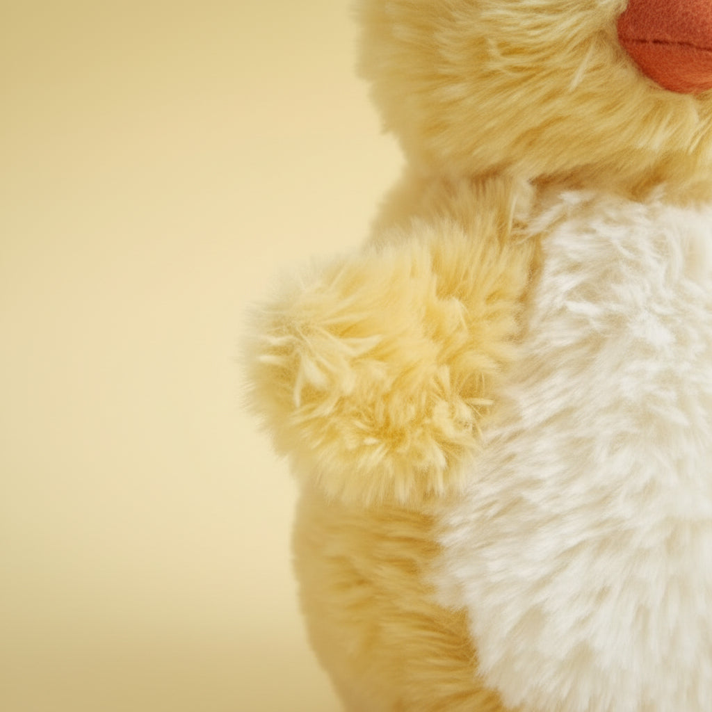 A plush toy chick with fluffy yellow feathers, a white belly, and orange beak and feet, photographed against a light gray background.