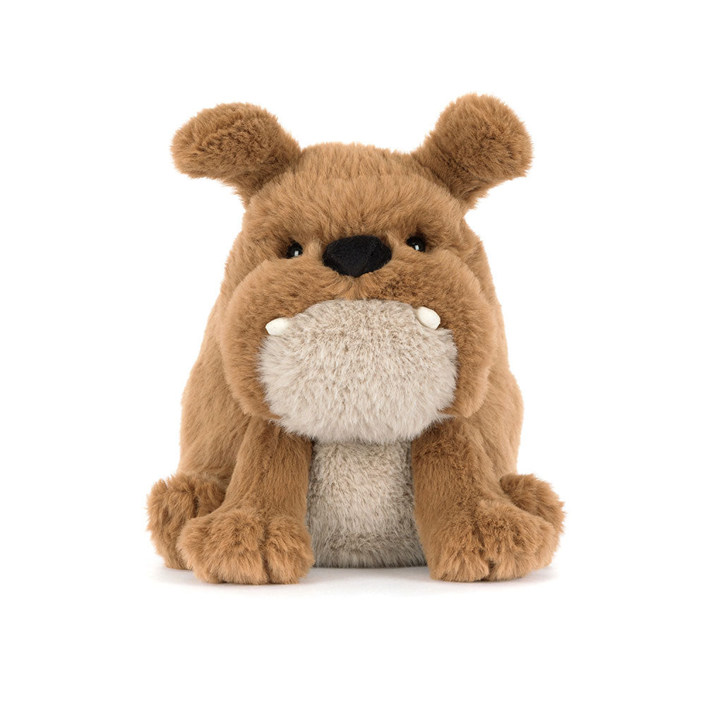 Jellycat Derreck Dog front view showing suedette teeth and oatmeal tummy, white background