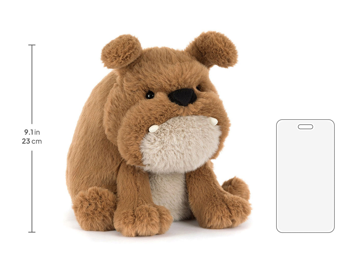 Jellycat Derreck Dog size guide showing 23cm height beside a phone outline