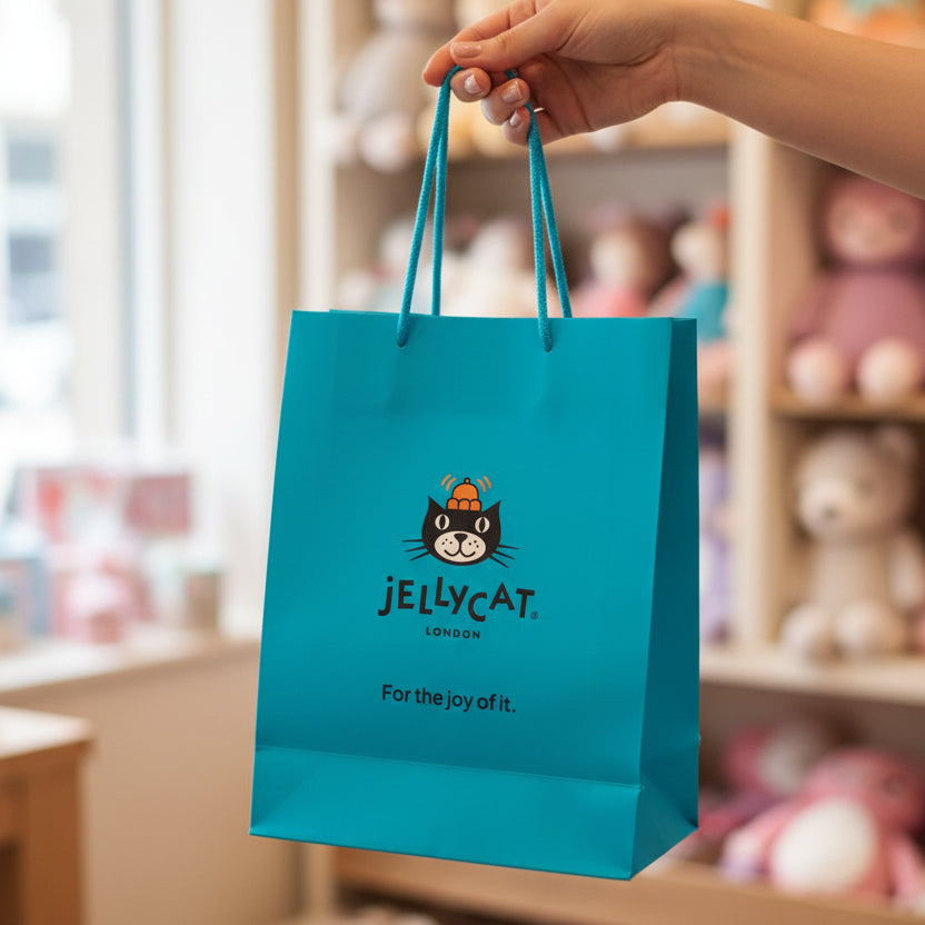 Teal Jellycat gift bag held by hand in the gift shop