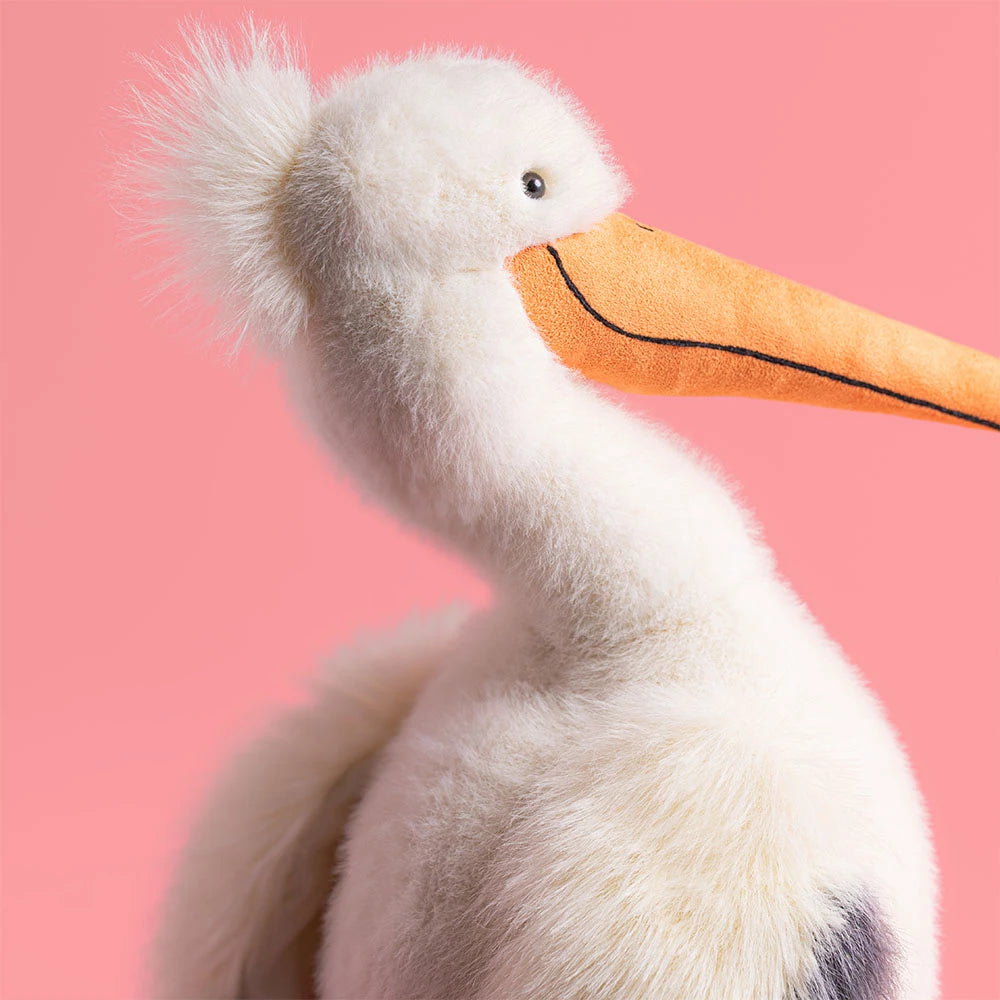 Keli Pelican soft toy angled view showing long beak