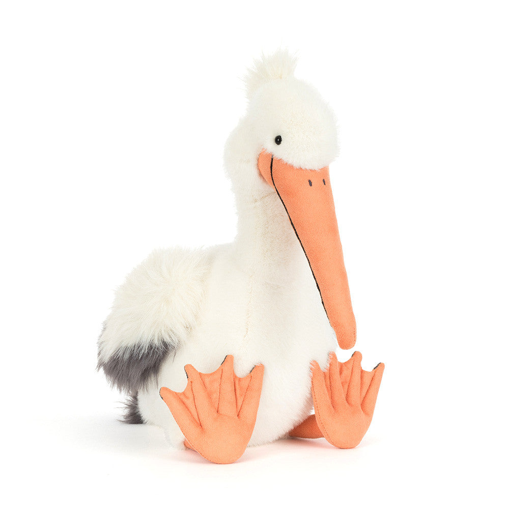Jellycat Keli Pelican plush front view on white background