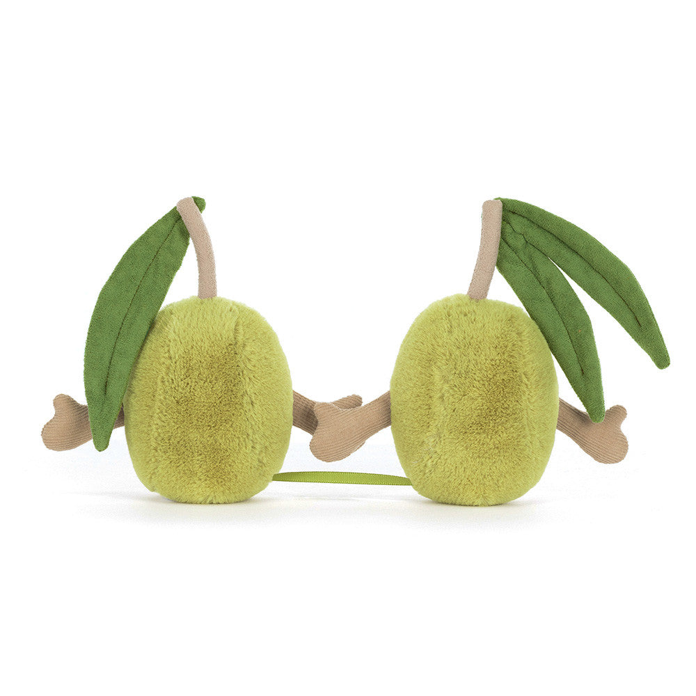 Close-up of Jellycat Pair of Olives showing leaf stems and smiles