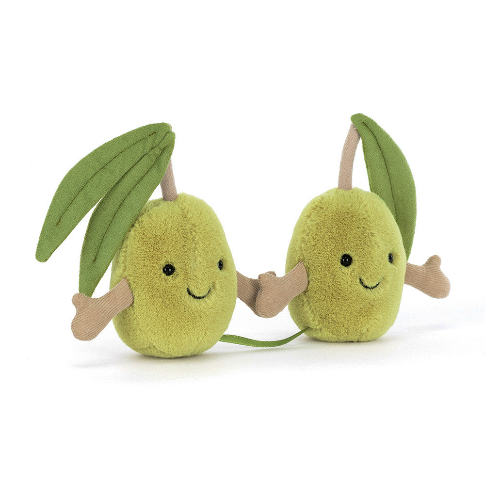Jellycat Pair of Olives plush duo with leaves on white background