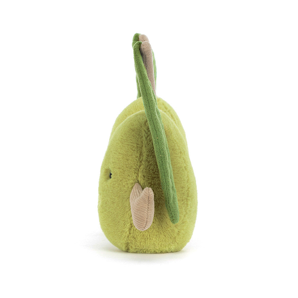 Side of Jellycat olive plush showing green leaf stem on white background
