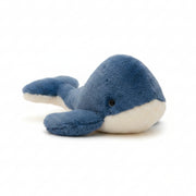 Jomanda blue whale plush soft toy, 28cm, with a deep ocean blue back, cream belly and tail turned upwards.
