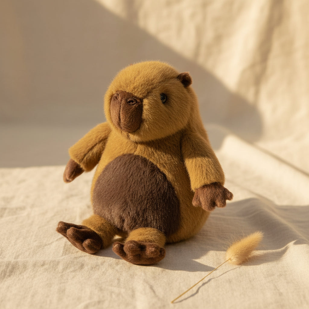 Soft honey and cocoa capybara toy sitting upright, front view