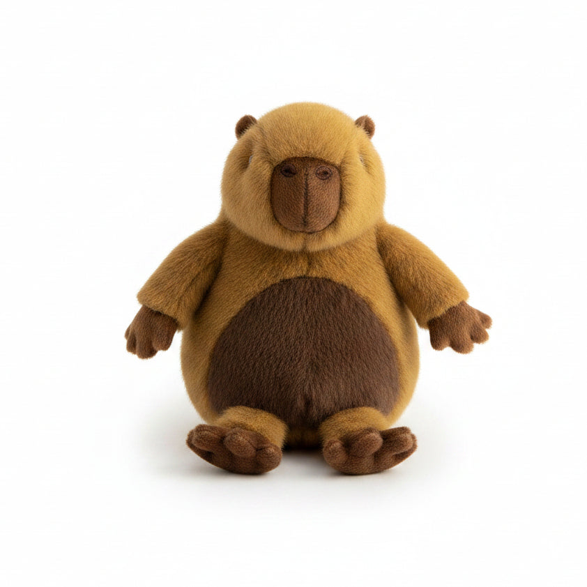 Jomanda capybara plush soft toy, 20cm, in warm honey and cocoa plush with a calm, relaxed face.