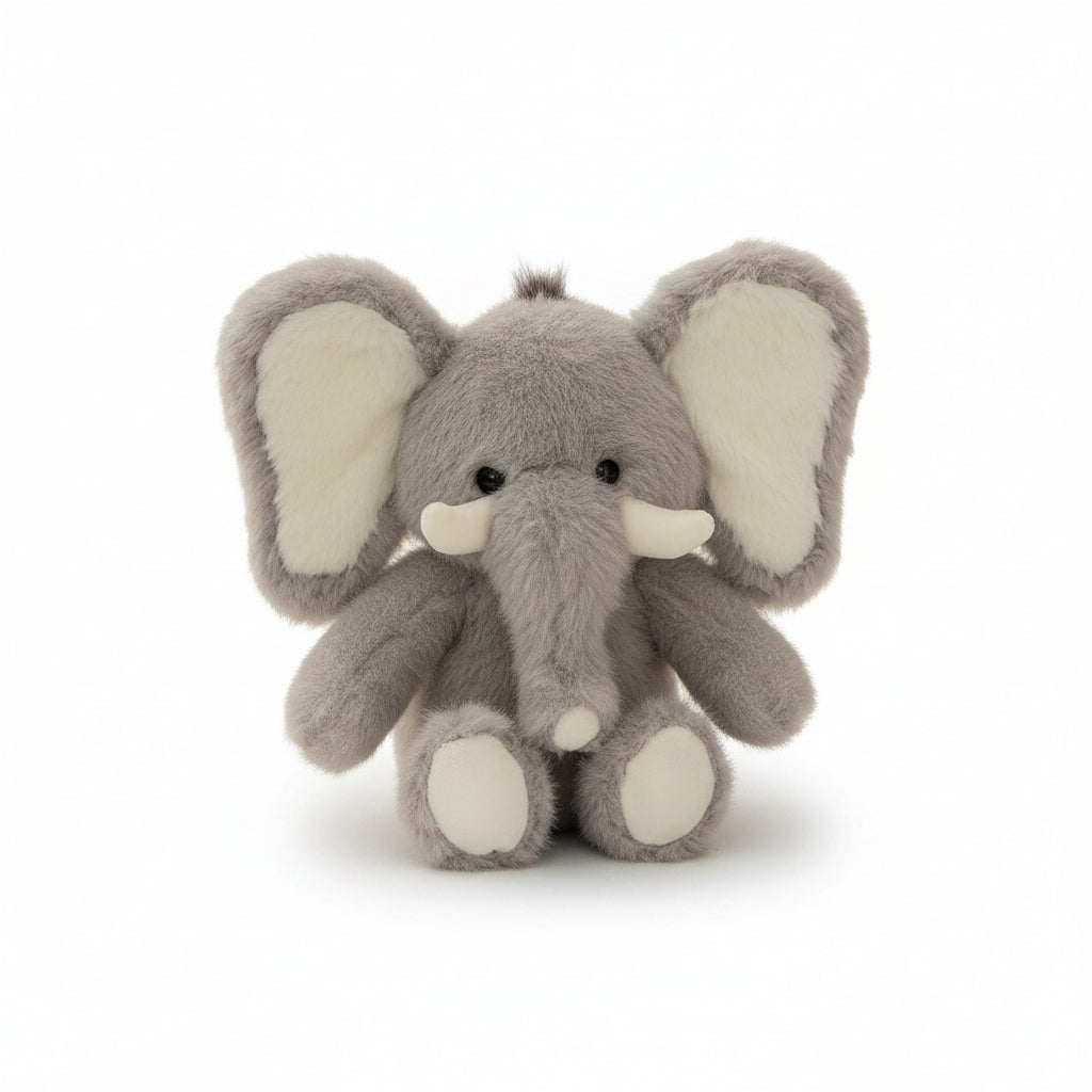 Jomanda elephant plush soft toy, 22cm, in soft dove grey with cream inner ears and small ivory tusks.