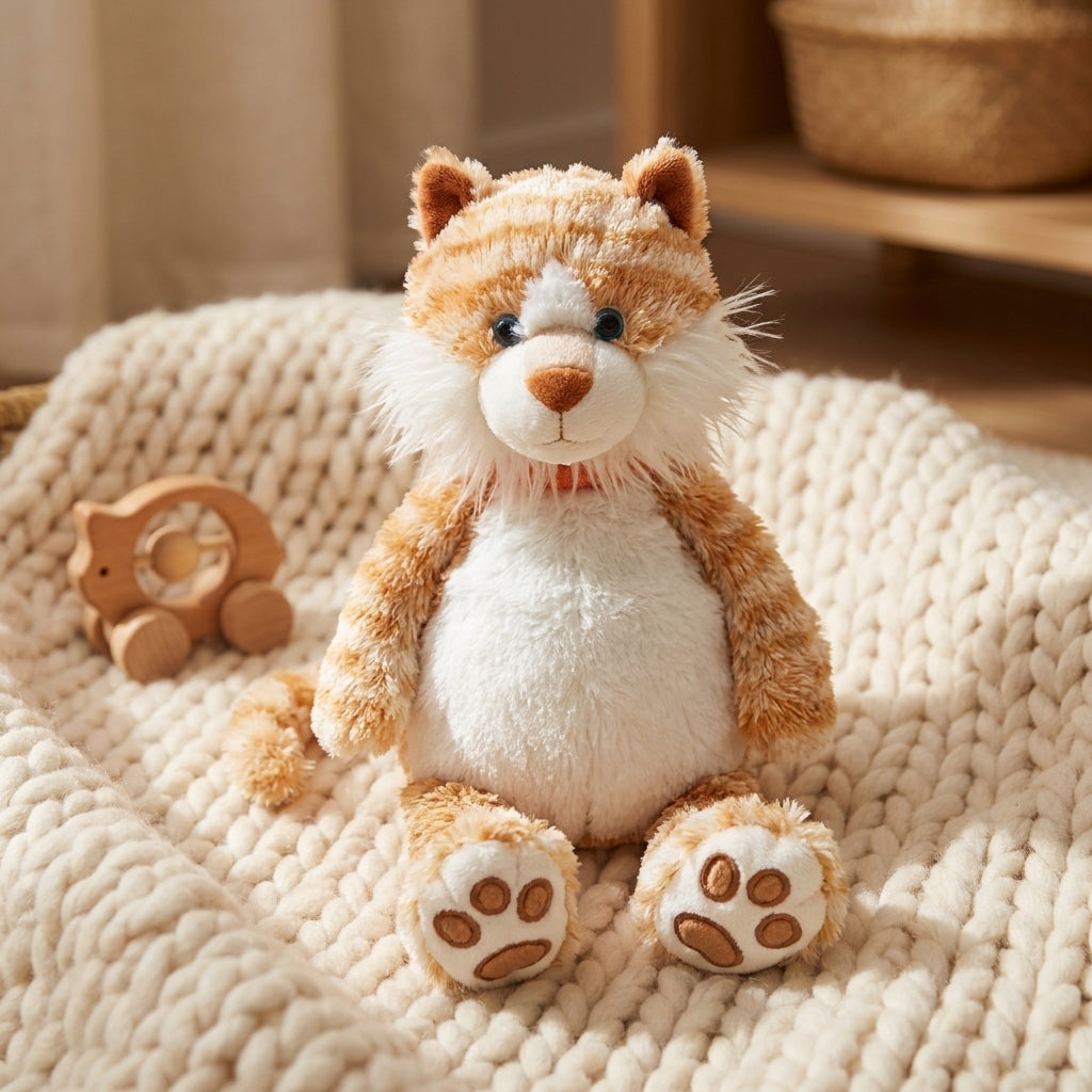 Jomanda ginger cat plush on a cream knit nursery blanket
