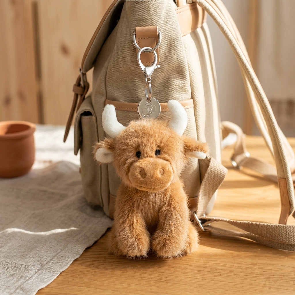 Jomanda Highland cow plush keyring clipped to a bag strap