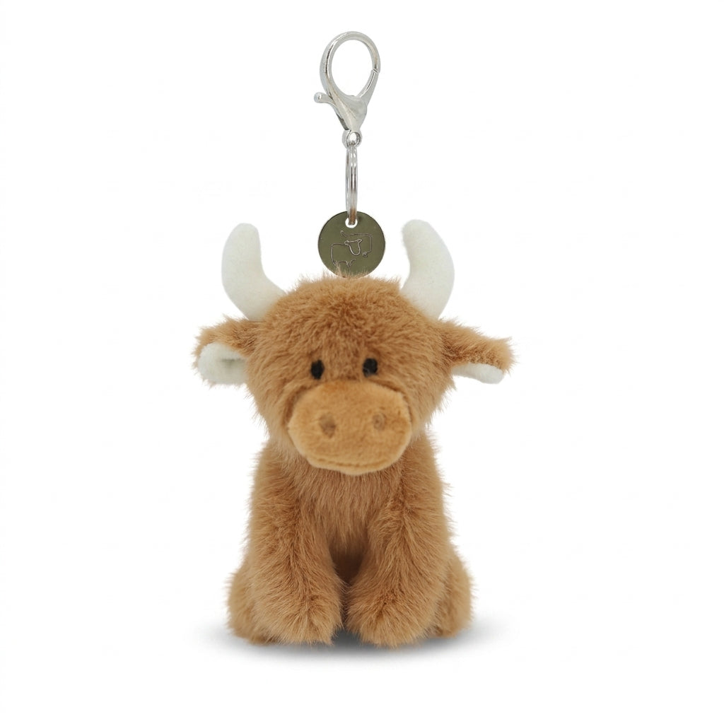 Jomanda Highland cow plush keyring on a white background