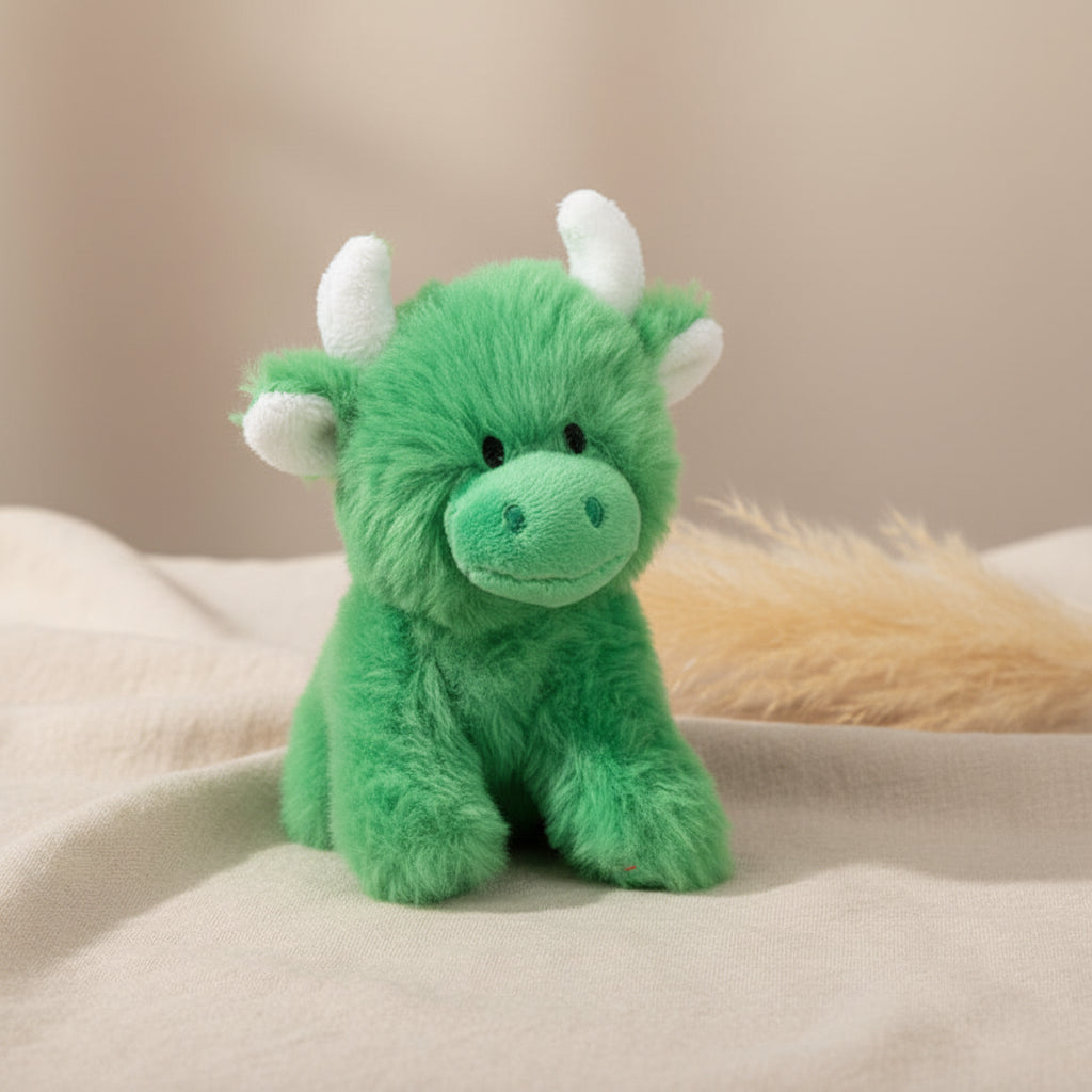 Mini green Highland cow soft toy with white horns on beige background