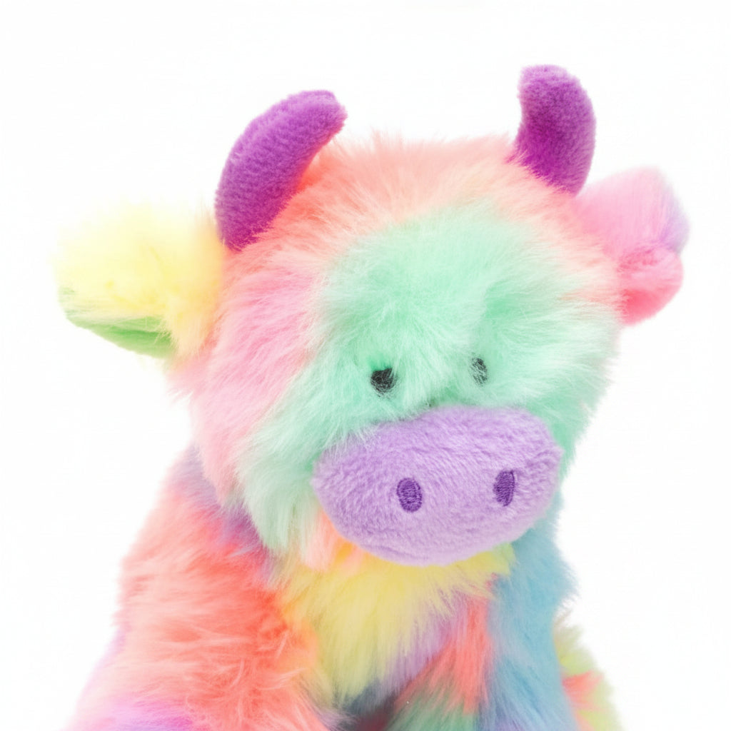 Close-up of rainbow highland cow plush face with lilac muzzle