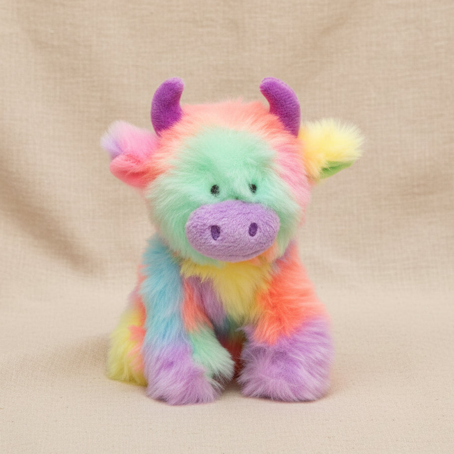 Rainbow highland cow plush with purple ears beside teal gift box