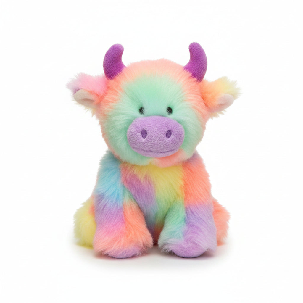 A plush highland cow toy with fluffy pastel rainbow fur in pink, orange, yellow, green, blue, and purple, sitting against a neutral beige fabric background.