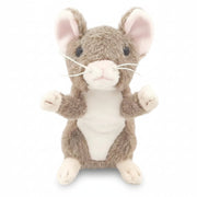 Mini mouse plush soft toy standing upright with pink ears on white background