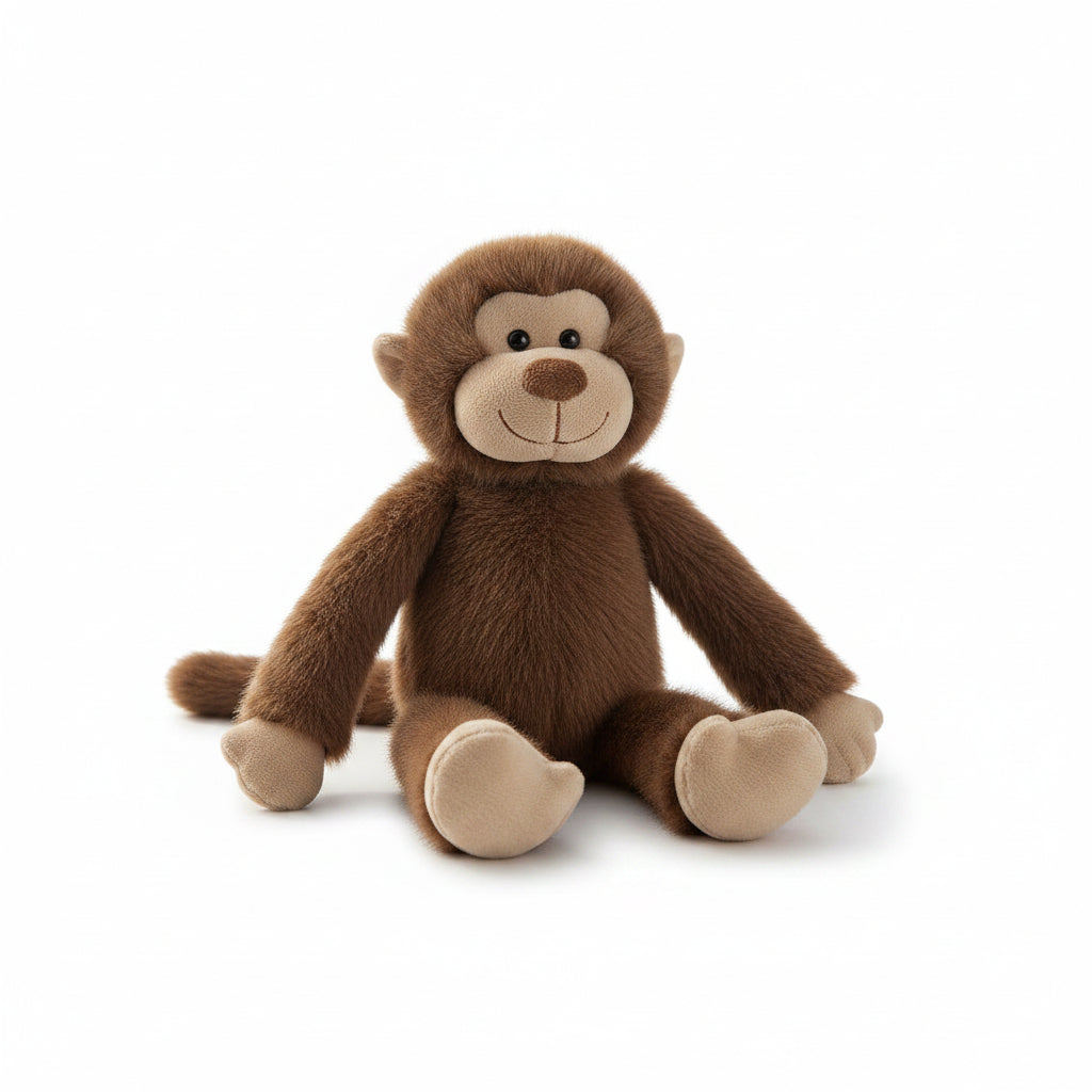 Jomanda monkey plush soft toy, 20cm, in chocolate brown plush with an oatmeal face, hands and feet and long dangly arms.