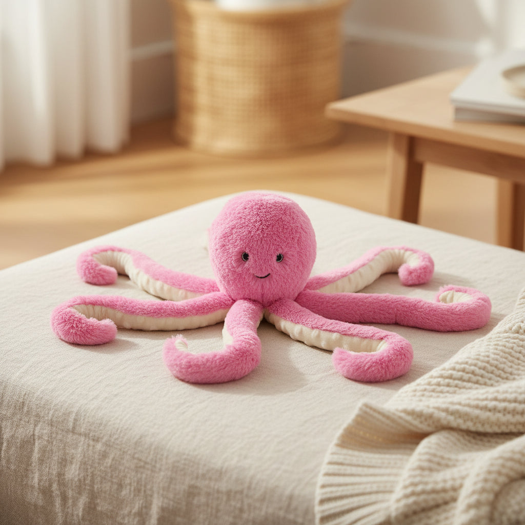 A pink plush octopus toy with cream-colored tentacles and a small embroidered face, photographed on a plain light gray studio background.
