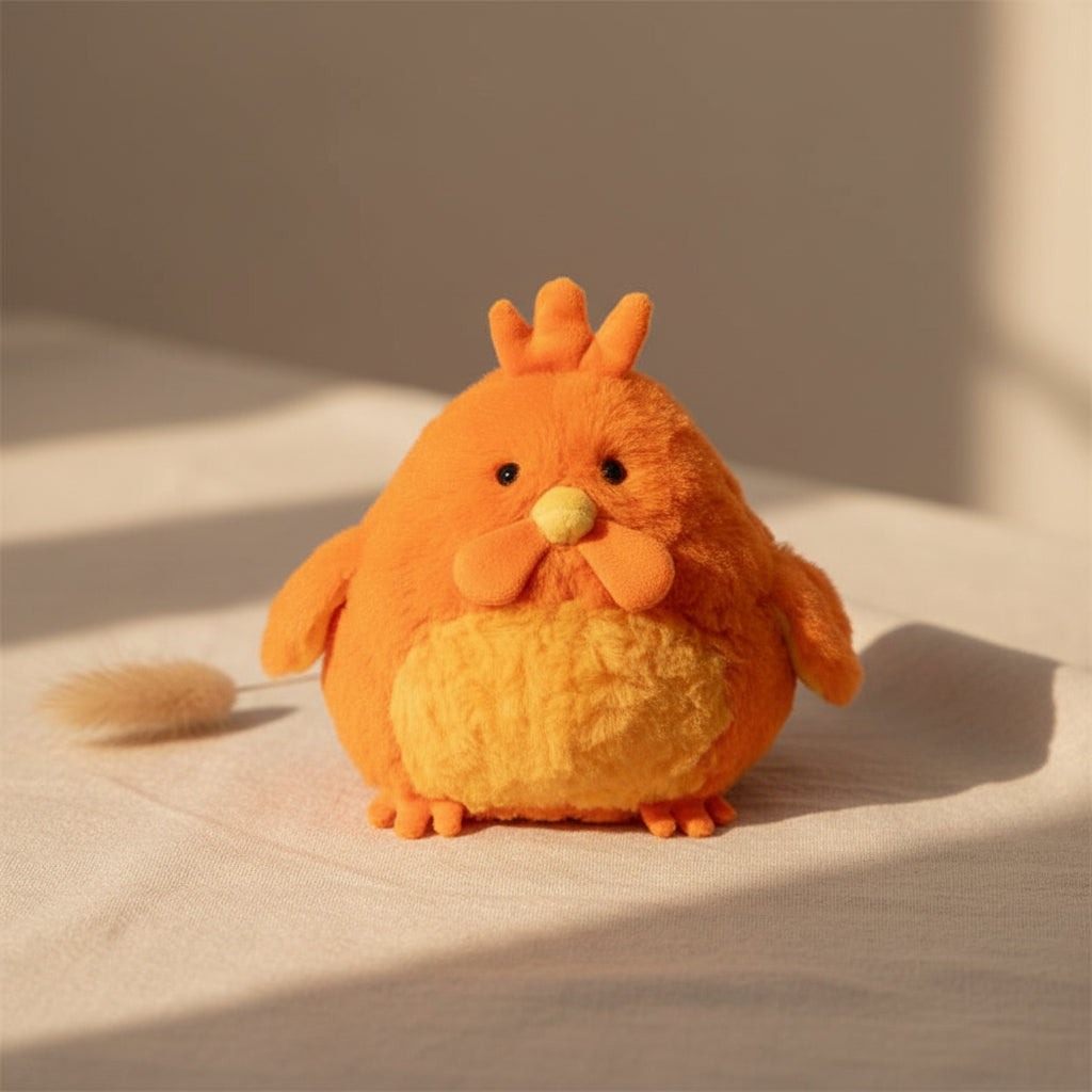 Round orange rooster toy with curly buttermilk chest, front view