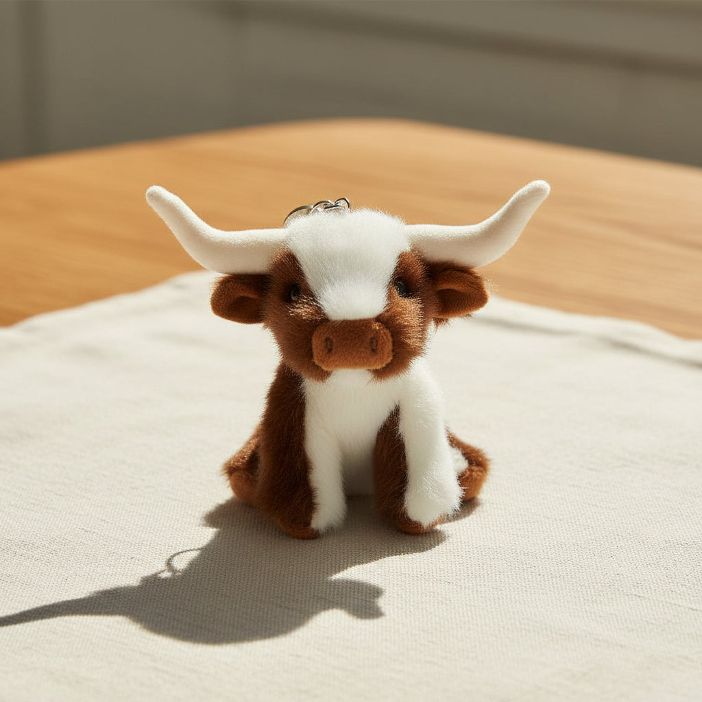 A plush toy keychain shaped like a short-haired cow with long horns, featuring brown and white fur, a silver key ring, and a small round black tag.