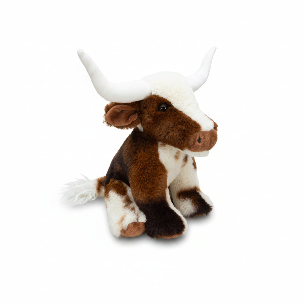 Brown and white Texas Longhorn plush toy front angled view on grey background
