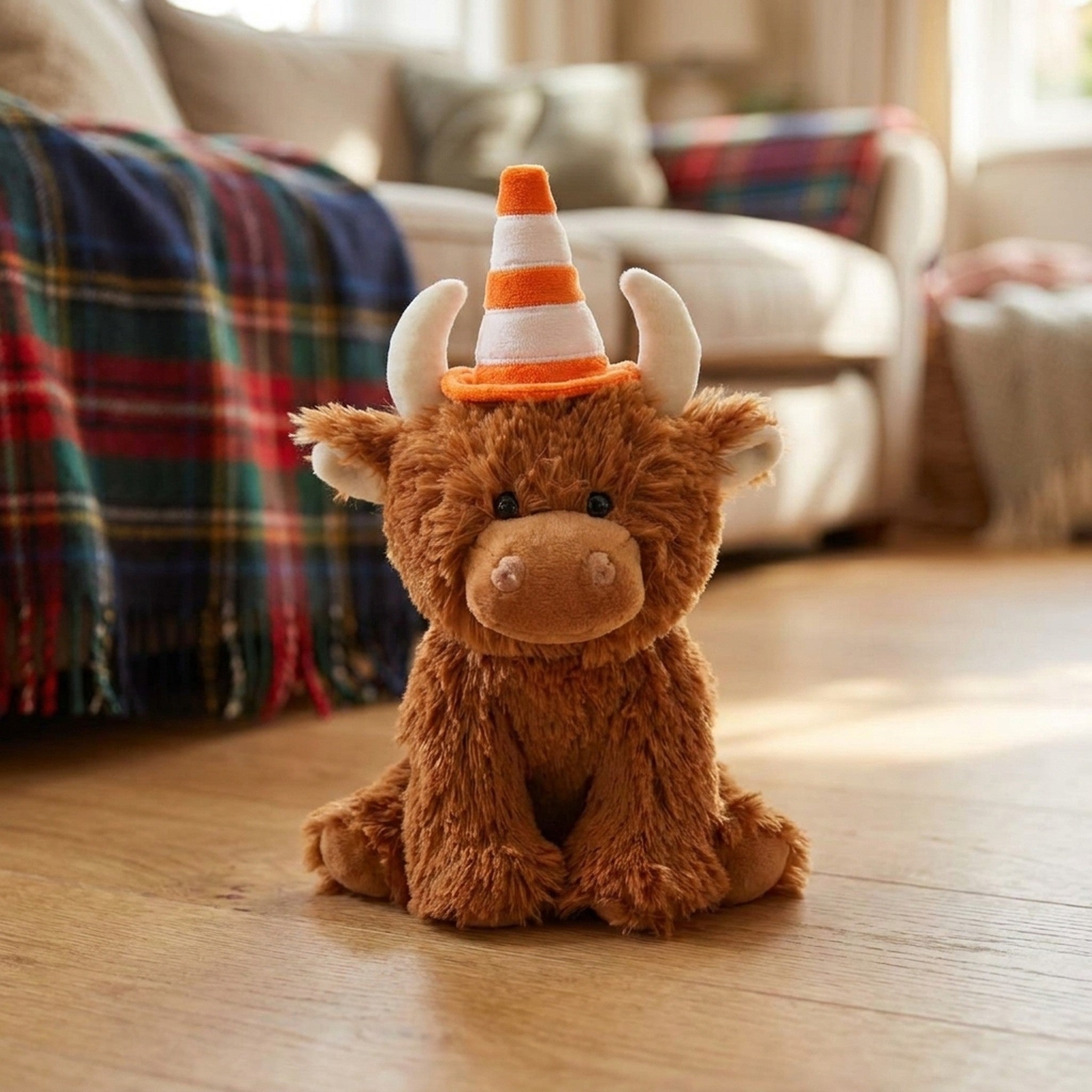 Traffic cone Highland cow plush on a wood floor with a tartan blanket behind