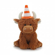 Brown Highland cow plush toy wearing an orange traffic cone hat, front view