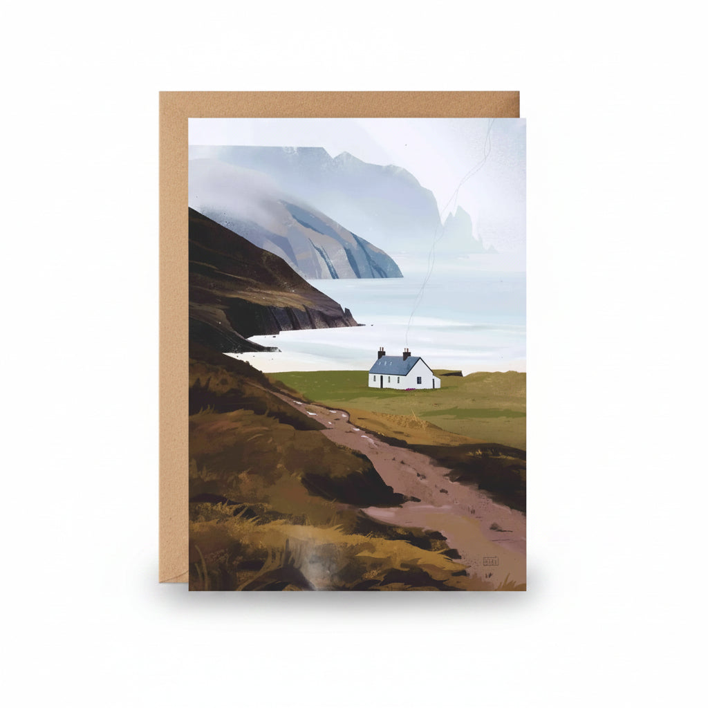 Kearvaig Bothy greeting card featuring Sara Willia's Scottish coastal landscape artwork with kraft envelope