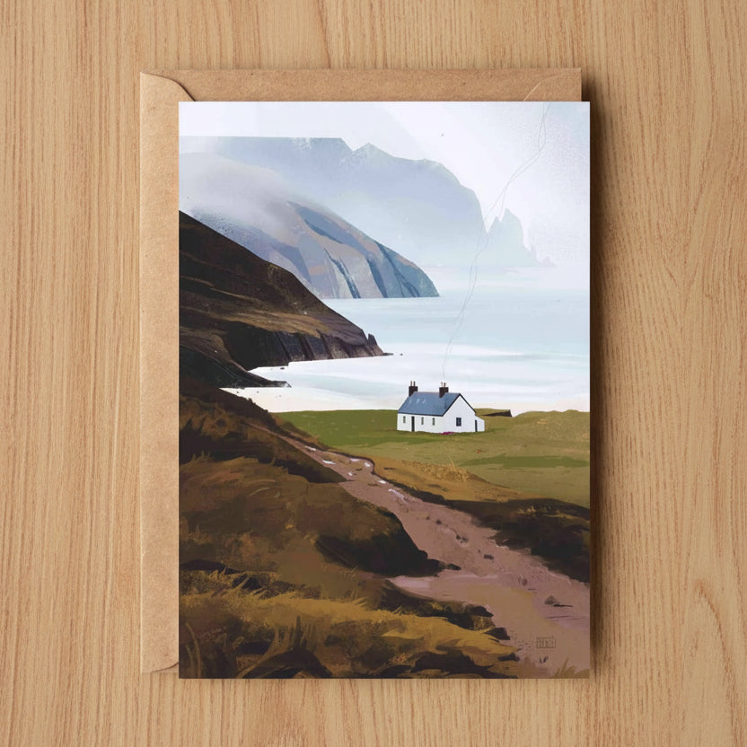 Kearvaig Bothy greeting card featuring Sara Willia's remote Scottish coastal bothy artwork with kraft envelope