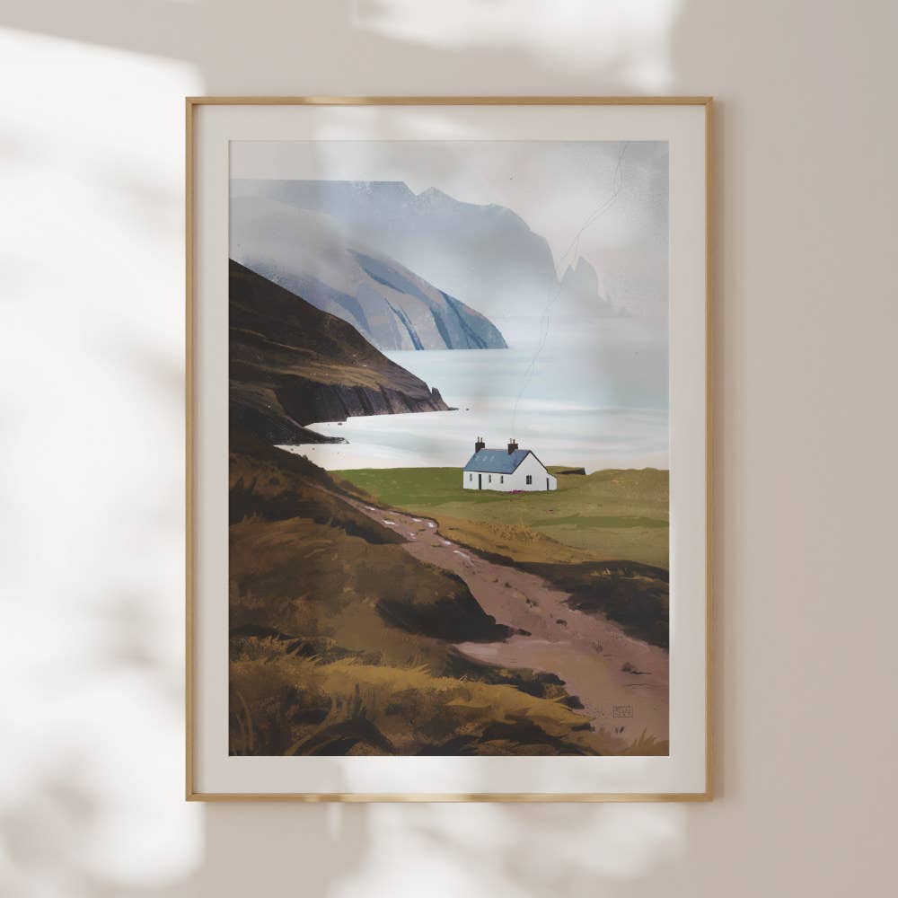 Kearvaig Bothy Scottish landscape art print of a remote coastal bothy