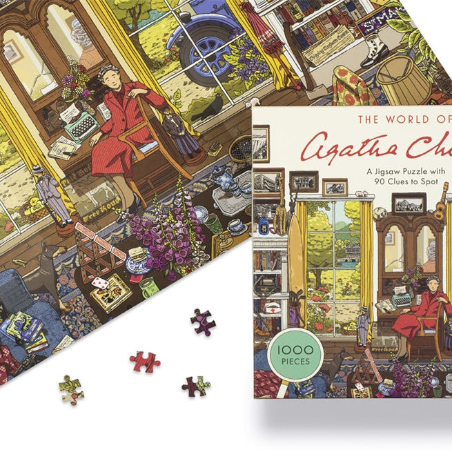 World of Agatha Christie jigsaw completed beside its box on a white background