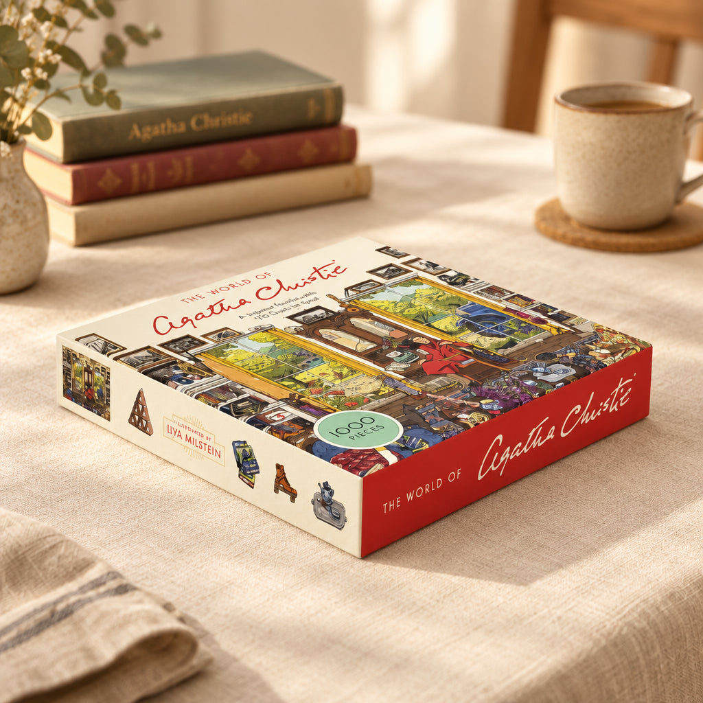 World of Agatha Christie jigsaw box lying at an angle on a white background