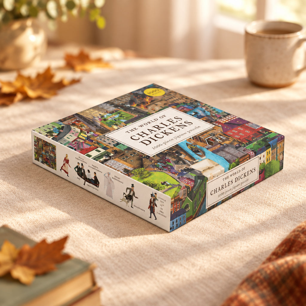 World of Charles Dickens jigsaw box lying at an angle on a white background