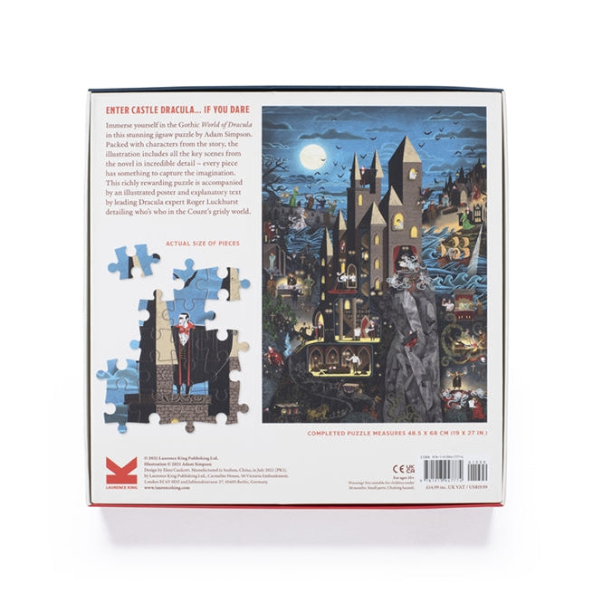 World of Dracula jigsaw back of the box with puzzle preview on white