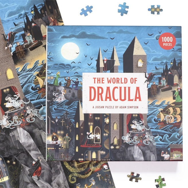 World of Dracula jigsaw completed beside its box on a white background