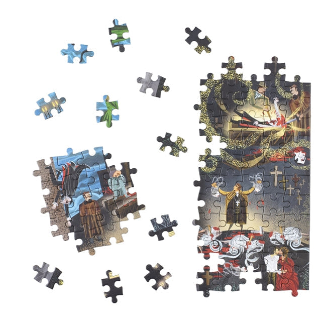 World of Dracula jigsaw loose pieces showing illustrated detail on white