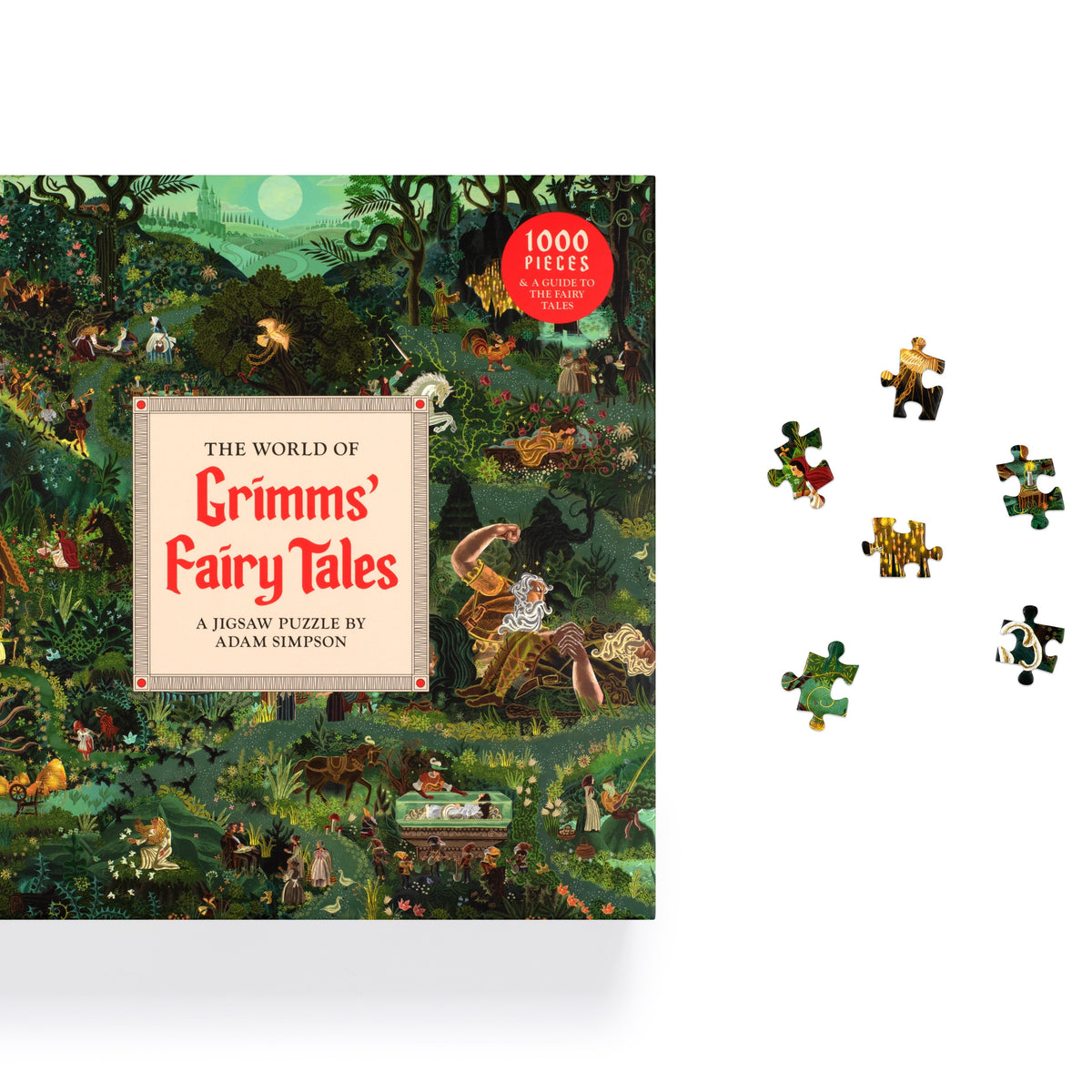 World of Grimms’ Fairy Tales jigsaw box front with loose pieces on a white background