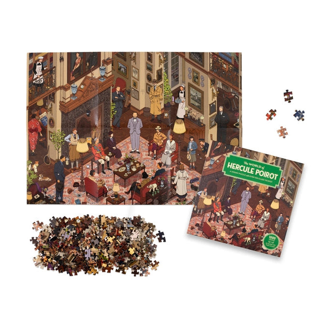 World of Hercule Poirot jigsaw completed beside its box on a white background