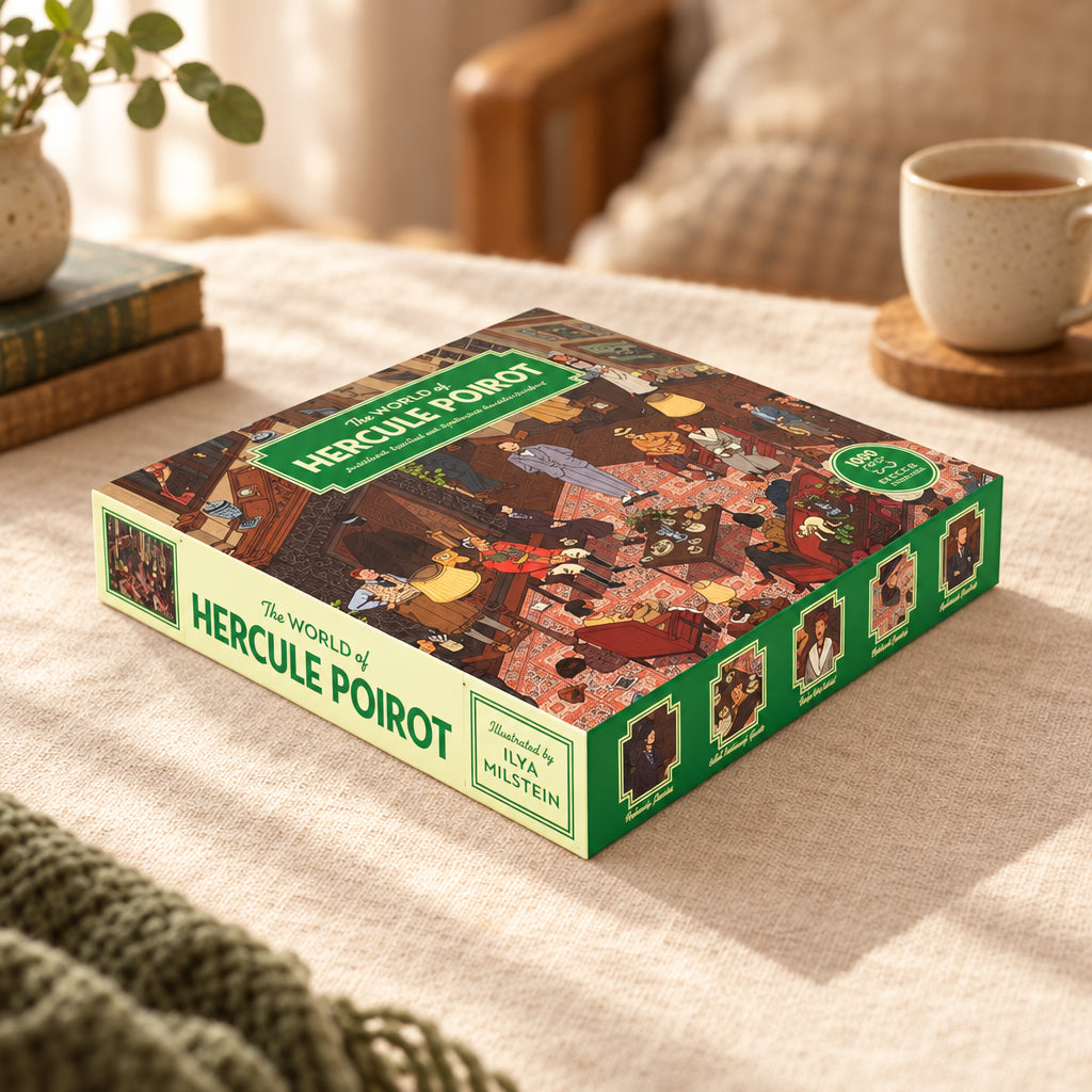World of Hercule Poirot jigsaw box lying at an angle on a white background